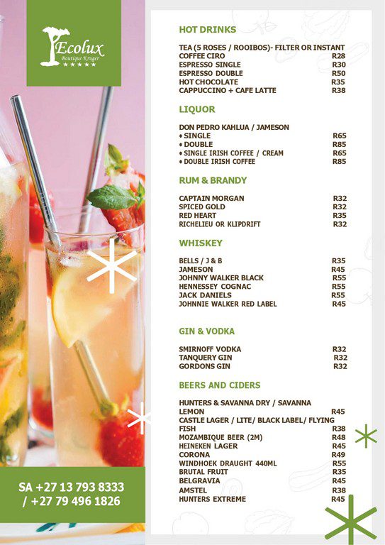 Ecolux Boutique Hotels Kruger Vonja's Restaurant Menu (1)